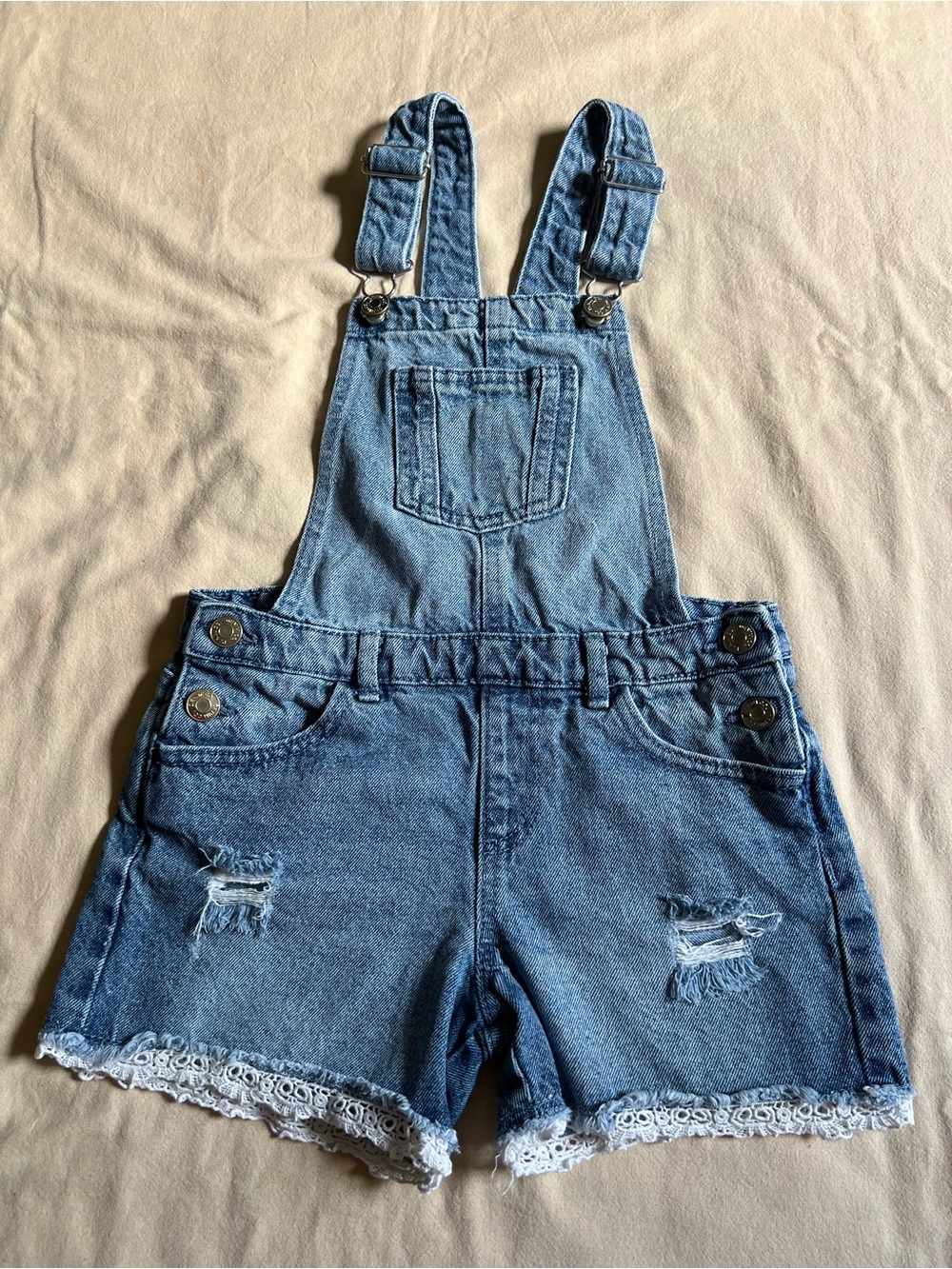 Denim&Co Light Blue Denim Lace-Trim Short Overalls
